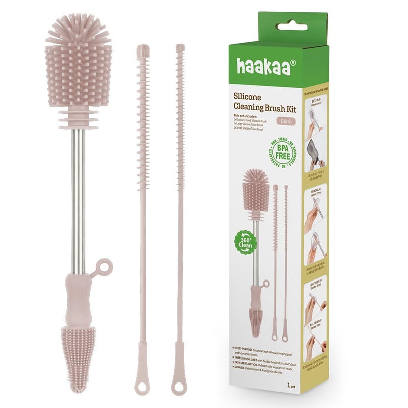 Haakaa Silicone Cleaning Brush Kit â€“ Household Cleaning Brushes for Bottles and Crevices â€“ Food-Grade Silicone: Dishwasher Safe (Kit-Blush) - Image 1