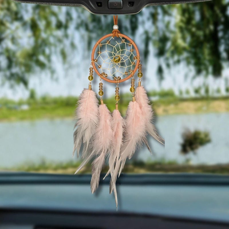 Small Dream Catcher for Car Handmade Boho Hanging Decor for Car Interior Rear View Mirror Feathers Dream Catchers Charms Ornament Pink