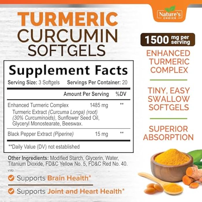 Nature's Choice Turmeric Curcumin Supplement Complex - BioPerine Black Pepper Extract Advanced Absorption Curcuminoids for Nature's Joint Support - Antioxidant Herbal Supplement for Women & Men, Non-GMO - 60 Softgels - Image 2