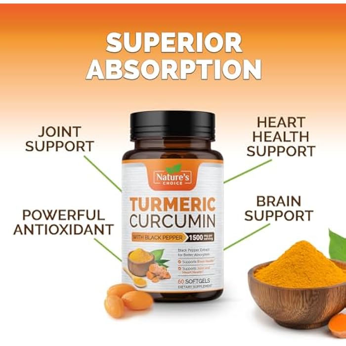 Nature's Choice Turmeric Curcumin Supplement Complex - BioPerine Black Pepper Extract Advanced Absorption Curcuminoids for Nature's Joint Support - Antioxidant Herbal Supplement for Women & Men, Non-GMO - 60 Softgels - Image 5