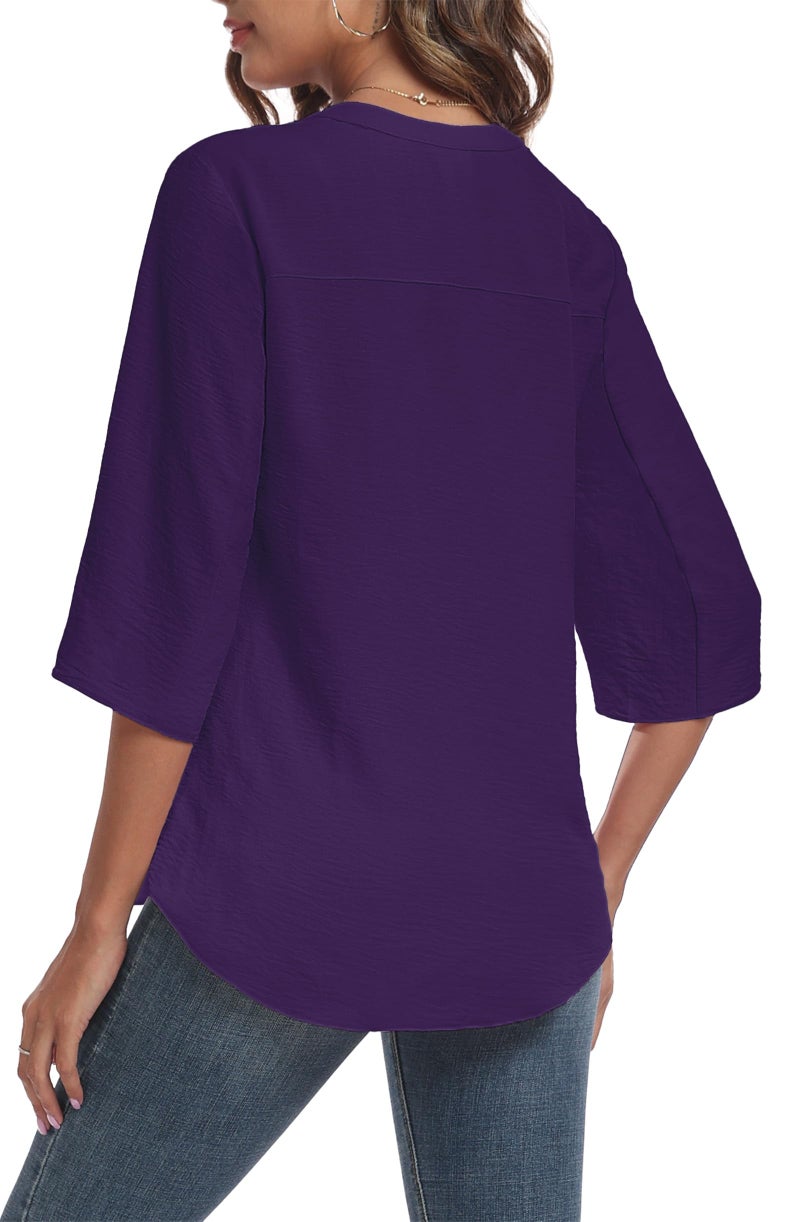 Askyes Womens Blouses Dressy Casual Chiffon Tops and Blouses Summer V-Neck 3/4 Sleeve Blouse Tops Shirts for Work,Purple,2XL - Image 2