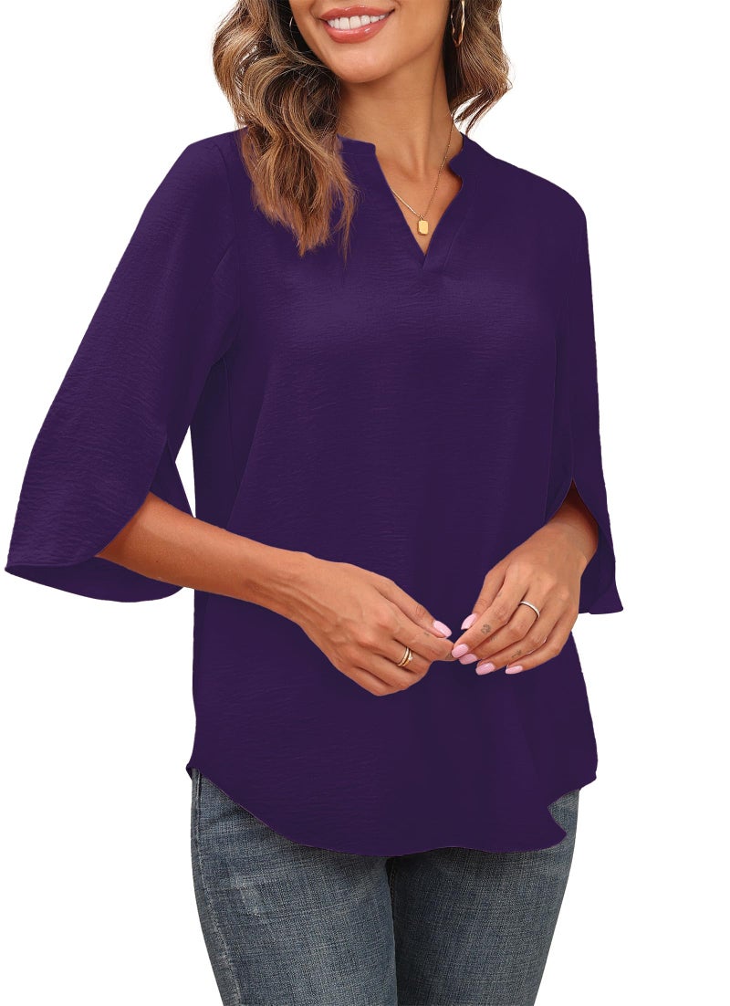 Askyes Womens Blouses Dressy Casual Chiffon Tops and Blouses Summer V-Neck 3/4 Sleeve Blouse Tops Shirts for Work,Purple,2XL - Image 3