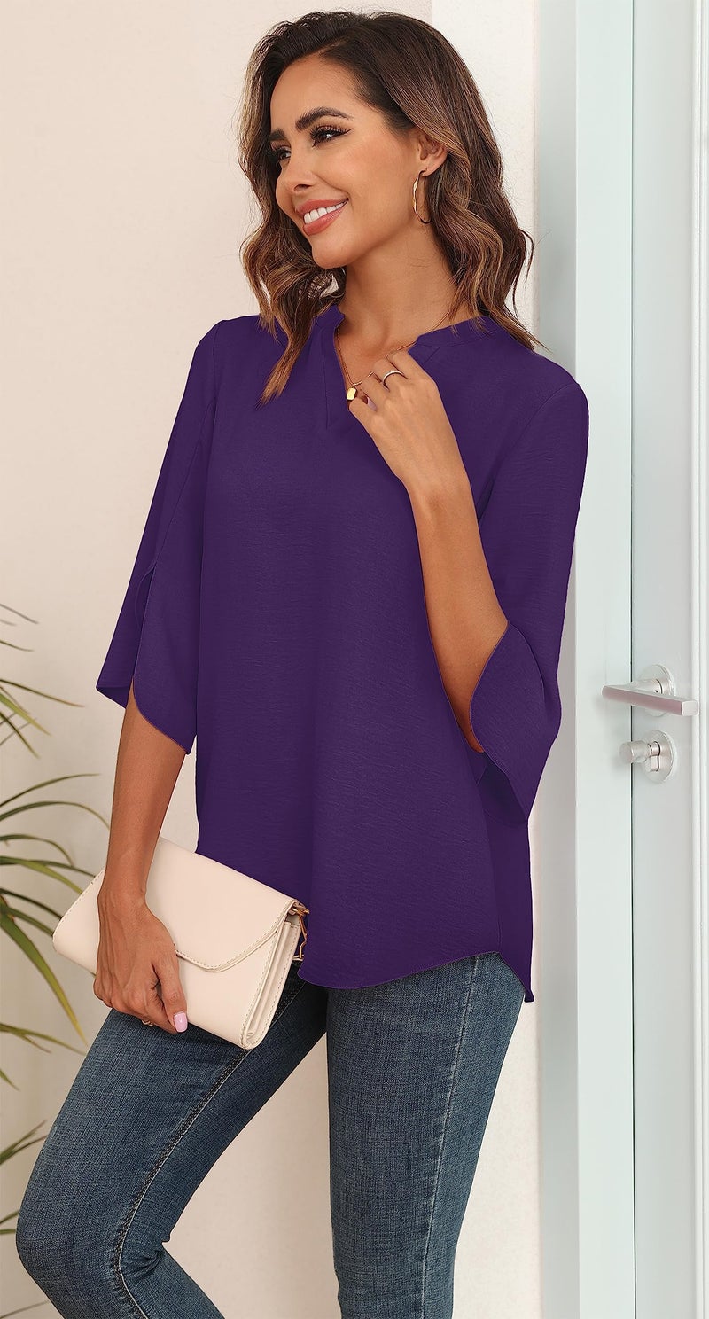 Askyes Womens Blouses Dressy Casual Chiffon Tops and Blouses Summer V-Neck 3/4 Sleeve Blouse Tops Shirts for Work,Purple,2XL - Image 4