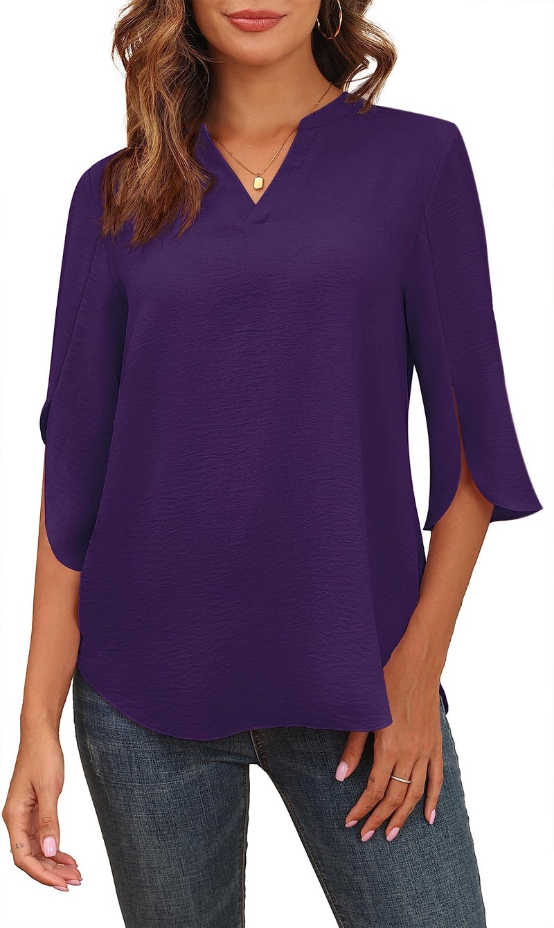 Askyes Womens Blouses Dressy Casual Chiffon Tops and Blouses Summer V-Neck 3/4 Sleeve Blouse Tops Shirts for Work,Purple,2XL - Image 1