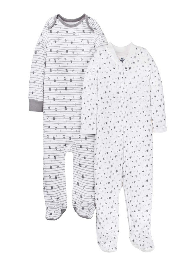Lamaze Baby Super Combed Natural Cotton Sleep n Play, Zipper and Snap Closure Footed Sleepwear, 2 Pk, Grey Moon and Stars, 9 Months - Image 1