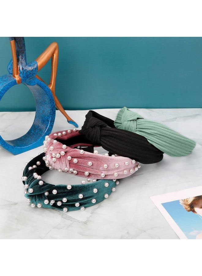 ووفوووفو عصابات رأس WOVOWOVO للنساء والفتيات، عصابة رأس عريضة مرصعة باللؤلؤ، عصابات رأس بعقدة علوية لشعر النساء، عصابة رأس سميكة، عصابات شعر مخملية، 4 قطع - Image 5