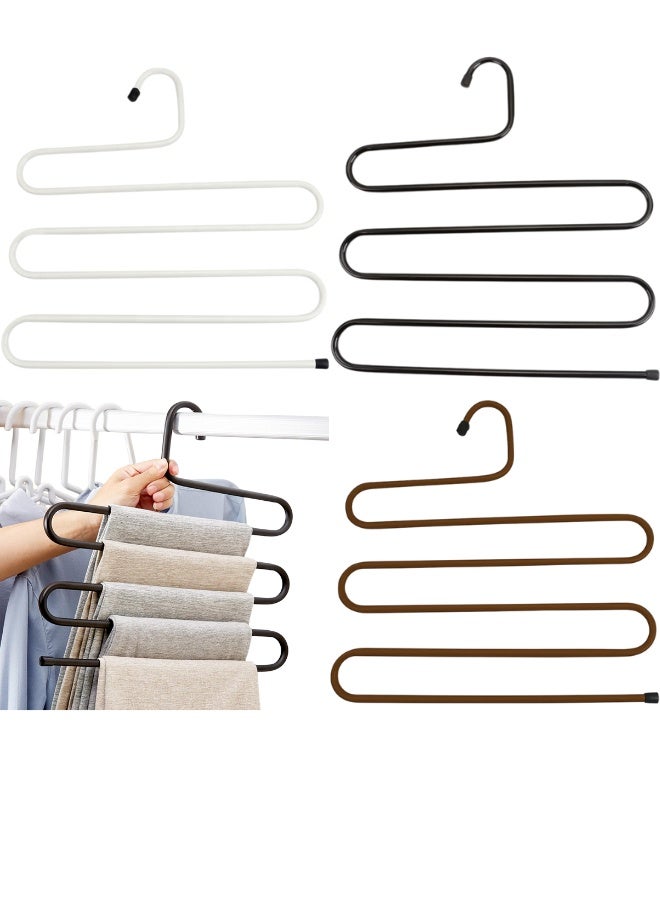 Pants Hanger Multi-Layer (3 Pack) S-Style Jeans Trouser Hanger Closet Stainless Steel Rack Space Saver for Tie Scarf Jeans Clothes (Black, White, Brown) - Image 1