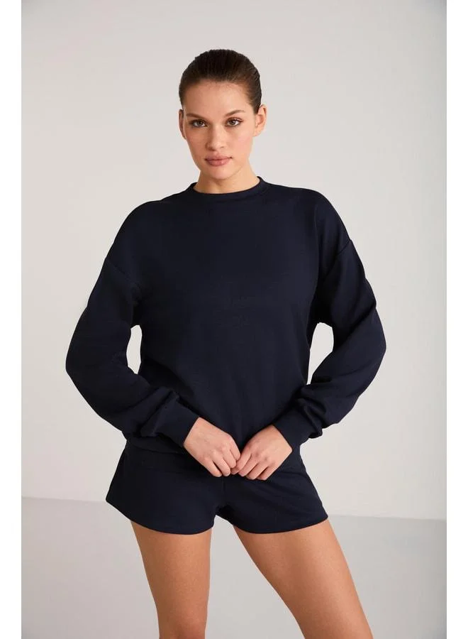 Ethiquet MAİSİE Women's Scuba Fabric Ultra Soft Round-Neck Oversized Navy Sweatshirt.