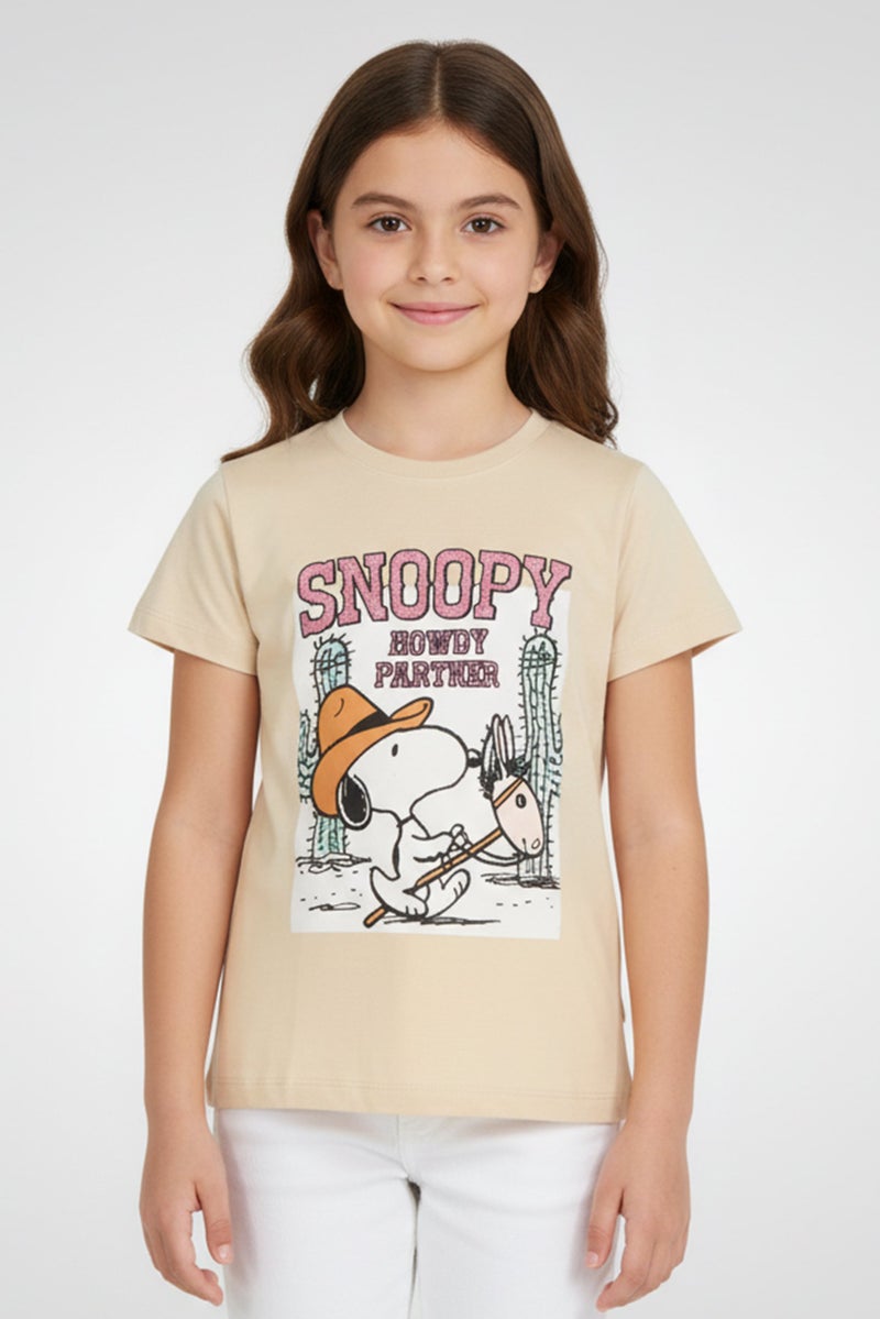Peanuts Kids Girl Crew Neck Printed Short Sleeve T-shirt, Beige - Image 1