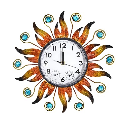 HOBYLUBY Sun Outdoor Clock with Thermometer and Hygrometer Combo, Silent No-Ticking Outdoor Wall Clock, Waterproof Quartz Clock for Patio, Living Room, Kitchen, Garden, 13 Inch - Image 1