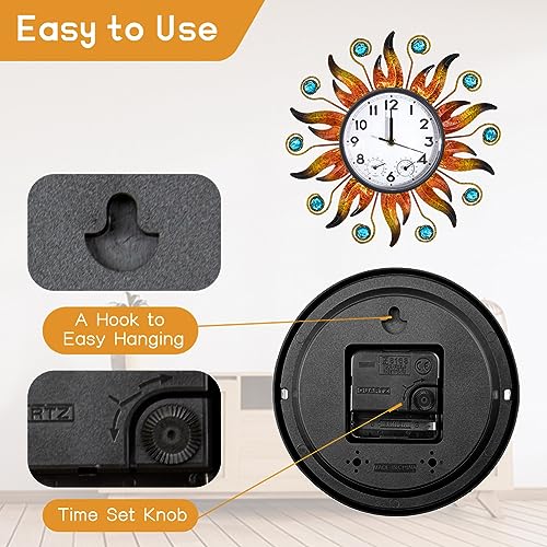 HOBYLUBY Sun Outdoor Clock with Thermometer and Hygrometer Combo, Silent No-Ticking Outdoor Wall Clock, Waterproof Quartz Clock for Patio, Living Room, Kitchen, Garden, 13 Inch - Image 5