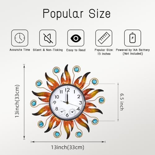 HOBYLUBY Sun Outdoor Clock with Thermometer and Hygrometer Combo, Silent No-Ticking Outdoor Wall Clock, Waterproof Quartz Clock for Patio, Living Room, Kitchen, Garden, 13 Inch - Image 2