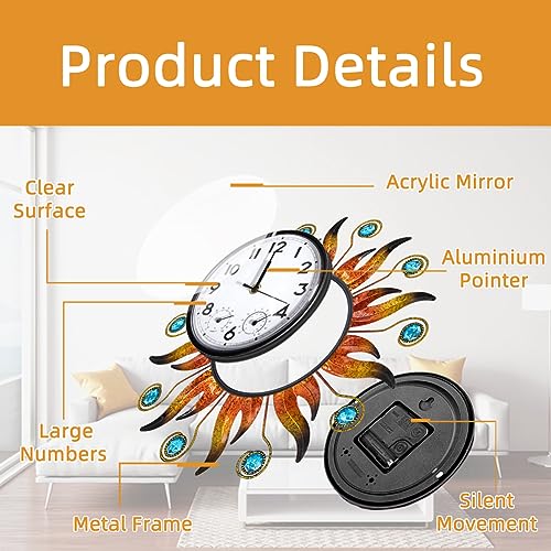 HOBYLUBY Sun Outdoor Clock with Thermometer and Hygrometer Combo, Silent No-Ticking Outdoor Wall Clock, Waterproof Quartz Clock for Patio, Living Room, Kitchen, Garden, 13 Inch - Image 3