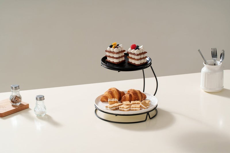 Shallow 2-Tier Serving Stand Hammered Porcelain Dessert Tower  Multi-Tiered Food Server for Daily Home Use, Coffee Stations, Buffet Tray & Tea Rack (20cm & 26cm, Black & White) - Image 4