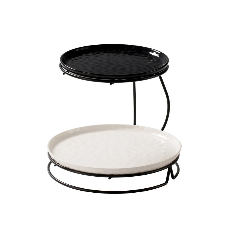 Shallow 2-Tier Serving Stand Hammered Porcelain Dessert Tower  Multi-Tiered Food Server for Daily Home Use, Coffee Stations, Buffet Tray & Tea Rack (20cm & 26cm, Black & White) - Image 1