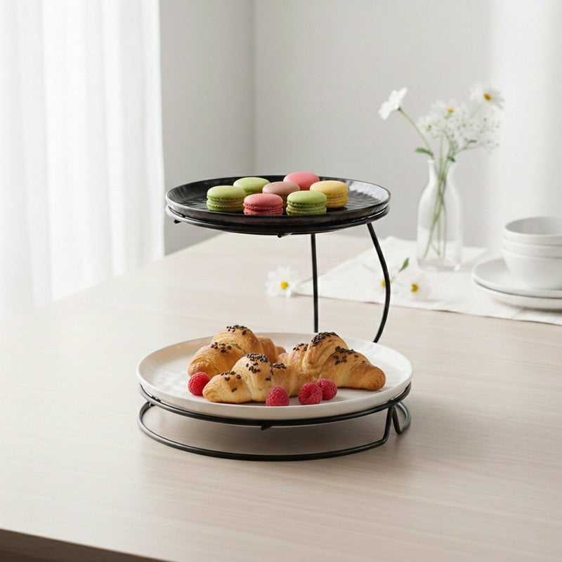 Shallow 2-Tier Serving Stand Hammered Porcelain Dessert Tower  Multi-Tiered Food Server for Daily Home Use, Coffee Stations, Buffet Tray & Tea Rack (20cm & 26cm, Black & White) - Image 2