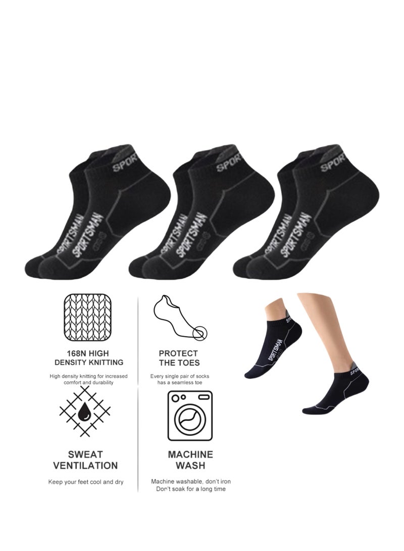 SPORTSMAN 3 Pairs Ankle Athletic Running Socks Low Cut Sports Tab Socks for Men and Women Black  - Image 1
