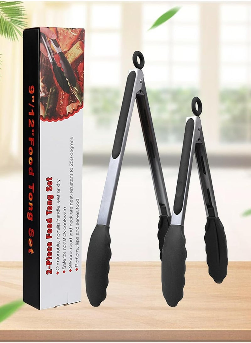 DAMAL Kitchen cooking tongs, heat-resistant tongs with silicone tip stainless steel handle for cooking, baking, grilling, set of 2, including 9,12 inches, black  - Image 1