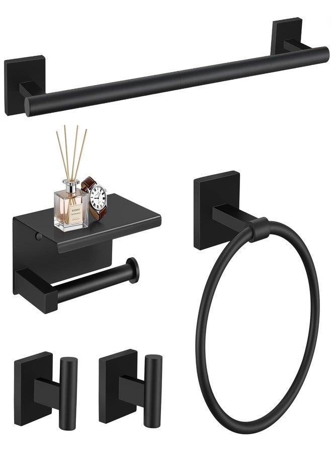 TURS 5-Pieces Matte Black Bathroom Hardware Set 23.6 Inch SUS304 Stainless Steel Towel Bar Set Wall Mounted Square Toilet Paper Holder with Shelf - Image 1