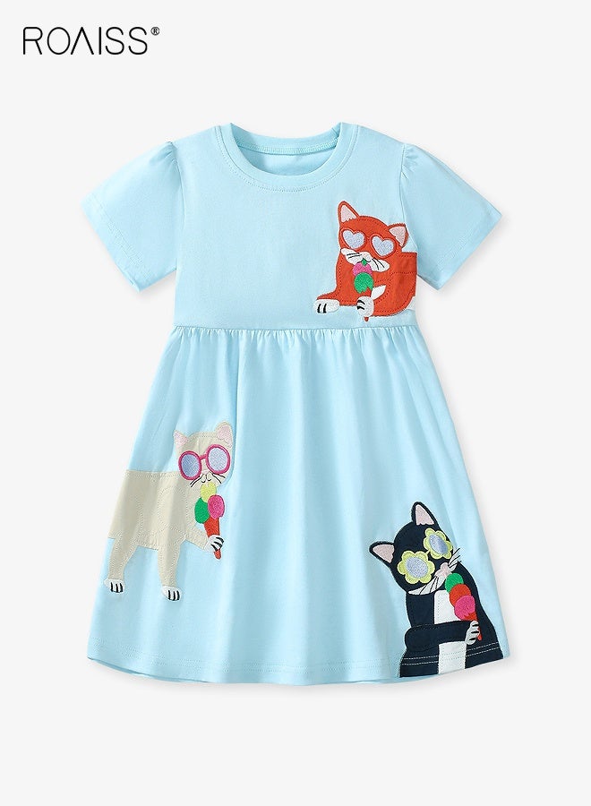 roaiss Girl's Summer Dress with Adorable Patterns, Cotton Short Sleeve Dress, Casual Stylish Sundress for Little Girls, Suitable for Daily Wear or Any Occasion  - Image 1