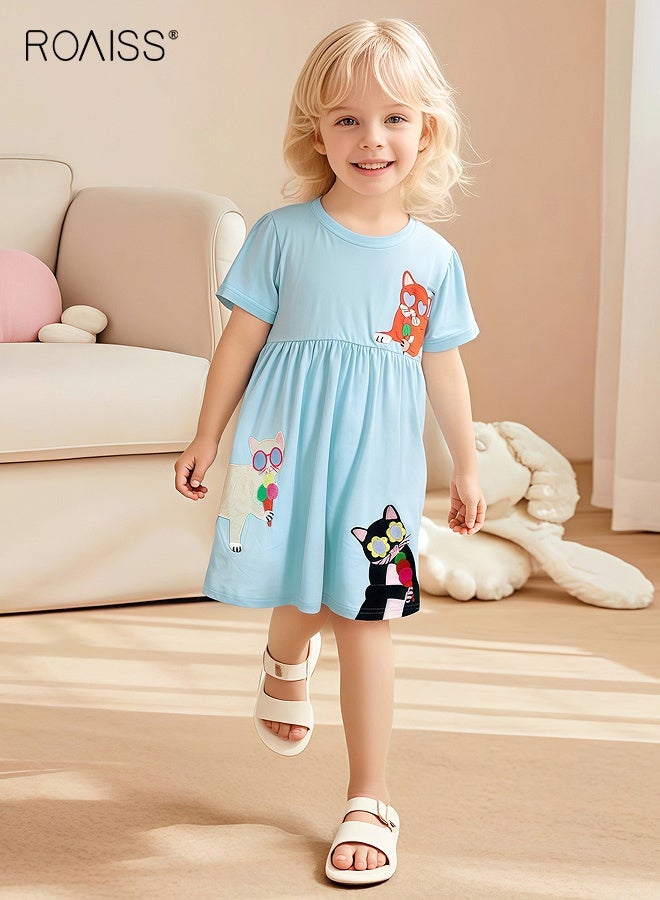 roaiss Girl's Summer Dress with Adorable Patterns, Cotton Short Sleeve Dress, Casual Stylish Sundress for Little Girls, Suitable for Daily Wear or Any Occasion  - Image 2