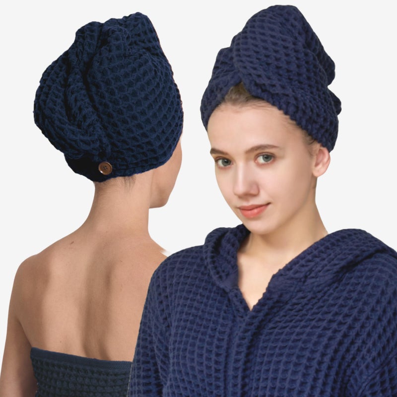 KOSMU 100% Organic Cotton Hair Drying Waffle Towel Wrap for Women | Absorbent & Quick Dry Head Turban for Wet Hair in Shower Sauna Spa, Extra Large for Long Straight Curly Plopping Button (Blue, 1 PACK) - Image 1