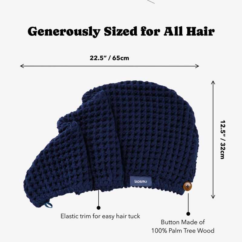 KOSMU 100% Organic Cotton Hair Drying Waffle Towel Wrap for Women | Absorbent & Quick Dry Head Turban for Wet Hair in Shower Sauna Spa, Extra Large for Long Straight Curly Plopping Button (Blue, 1 PACK) - Image 4