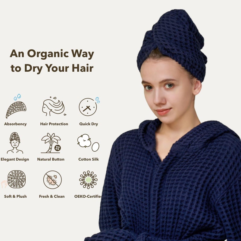 KOSMU 100% Organic Cotton Hair Drying Waffle Towel Wrap for Women | Absorbent & Quick Dry Head Turban for Wet Hair in Shower Sauna Spa, Extra Large for Long Straight Curly Plopping Button (Blue, 1 PACK) - Image 3