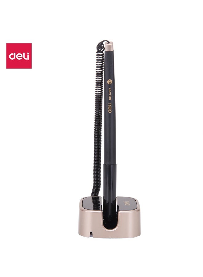 Deli 0.7 mm Bullet Tip Desk Pen Stand with Rotatable Base and Metallic Finish – Blue - Image 1