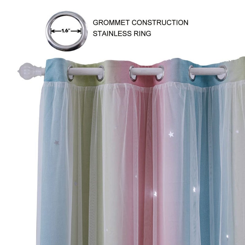 ZHUHAN Rainbow Ombre Star Cutouts Blackout Curtains for Girl Kid Nursery Bedroom and Living Room Decor Darken Double Layer Window Cute Grommet Curtains Soundproof Light (Pink Blue 52W X 63L 2- Panels) - Image 2