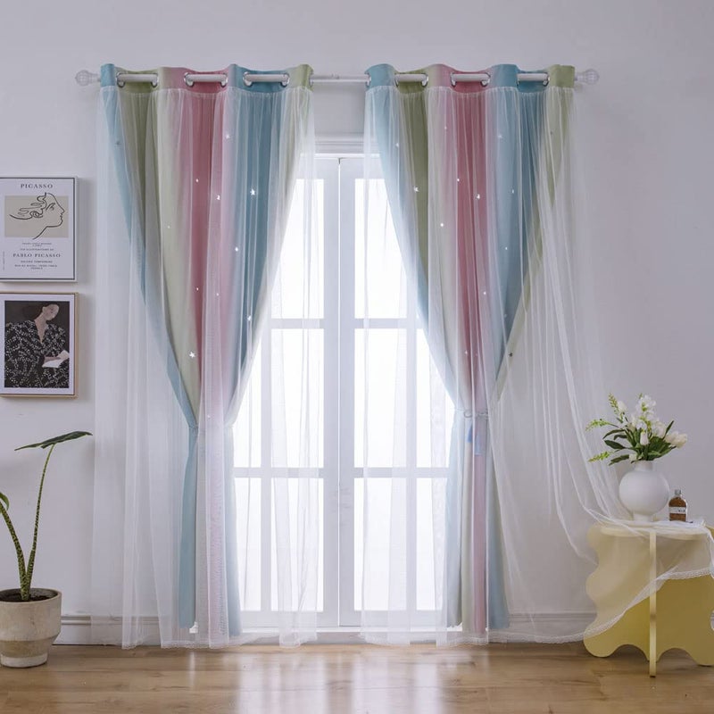 ZHUHAN Rainbow Ombre Star Cutouts Blackout Curtains for Girl Kid Nursery Bedroom and Living Room Decor Darken Double Layer Window Cute Grommet Curtains Soundproof Light (Pink Blue 52W X 63L 2- Panels) - Image 5