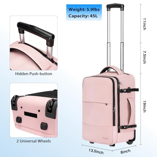 Taygeer Rolling Backpack for women, 17 inch Travel Laptop Backpack with Wheels & Shoe Pouch, Large Wheeled Back Pack Carry on Luggage, Overnight College Work Suitcase Bag Roller Mochila Adult, Pink - Image 2