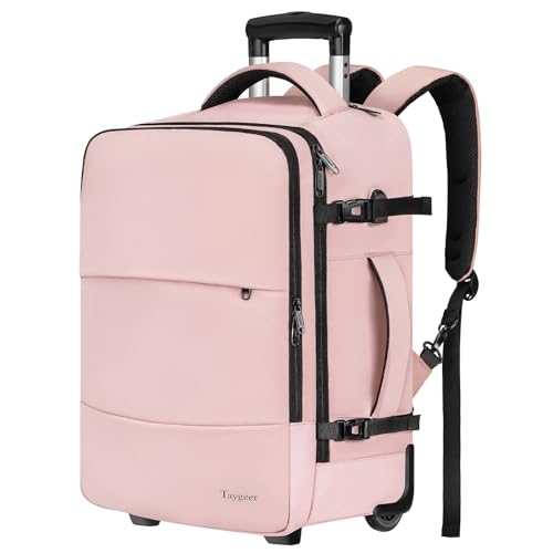 Taygeer Rolling Backpack for women, 17 inch Travel Laptop Backpack with Wheels & Shoe Pouch, Large Wheeled Back Pack Carry on Luggage, Overnight College Work Suitcase Bag Roller Mochila Adult, Pink - Image 1
