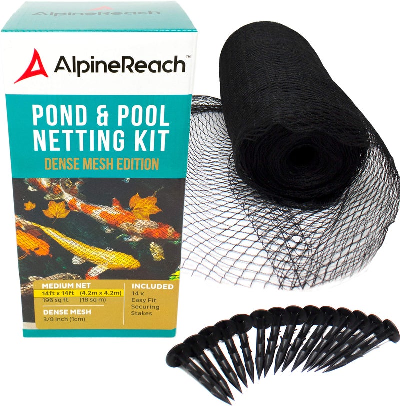 AlpineReach Koi Pond Netting Kit 14 x 14 ft Black Heavy Duty Woven Fine Mesh Net Cover for Leaves Protects Koi Fish from Blue Heron Birds Cats Predators Reusable Stakes Included