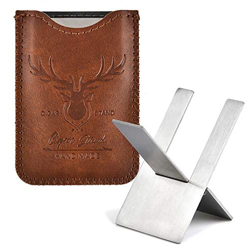 menesia Stainless Foldable Cigar Stand Holder with Brown Travel PU Leather Case,Lightweight Steel Portable Cigar Cigarette Display Shelf Tray - Image 1