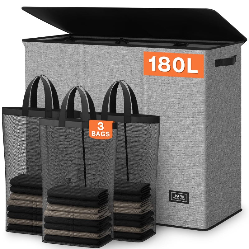 SOLEDI 180L Laundry Hamper 3 Section, Extra Large Laundry Hamper with Lid, Dirty Clothes Hamper with Sturdy Handle, Large Laundry Basket Organizer for Laundry Room, Bedroom, Hampers for Laundry - Image 1