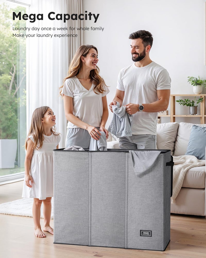 SOLEDI 180L Laundry Hamper 3 Section, Extra Large Laundry Hamper with Lid, Dirty Clothes Hamper with Sturdy Handle, Large Laundry Basket Organizer for Laundry Room, Bedroom, Hampers for Laundry - Image 3