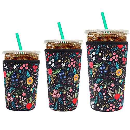 YR Reusable Neoprene Insulator Sleeve for Iced Coffee Cups, 3 Pack Coffee Coolies sleeves for Iced & Hot Drinks, Cold Beverage Cooler Compatible with Starbucks Coffee and More (Little Flower) - Image 1