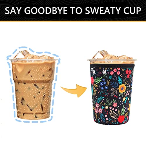 YR Reusable Neoprene Insulator Sleeve for Iced Coffee Cups, 3 Pack Coffee Coolies sleeves for Iced & Hot Drinks, Cold Beverage Cooler Compatible with Starbucks Coffee and More (Little Flower) - Image 3