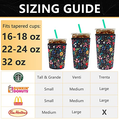 YR Reusable Neoprene Insulator Sleeve for Iced Coffee Cups, 3 Pack Coffee Coolies sleeves for Iced & Hot Drinks, Cold Beverage Cooler Compatible with Starbucks Coffee and More (Little Flower) - Image 2