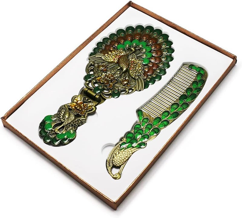 comfrt Handheld Mirror Unique Comb Set,Vintage Hand Mirror Foldable Retro Portable Green Peacock Makeup Mirror Metal Dresser Bronze Mirror Decorative Pocket Cosmetic Mirror Girl Gift Personality - Image 4