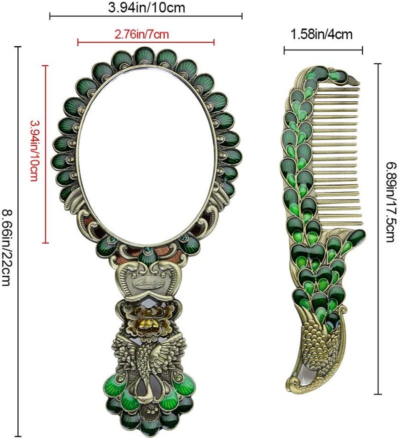 comfrt Handheld Mirror Unique Comb Set,Vintage Hand Mirror Foldable Retro Portable Green Peacock Makeup Mirror Metal Dresser Bronze Mirror Decorative Pocket Cosmetic Mirror Girl Gift Personality - Image 3