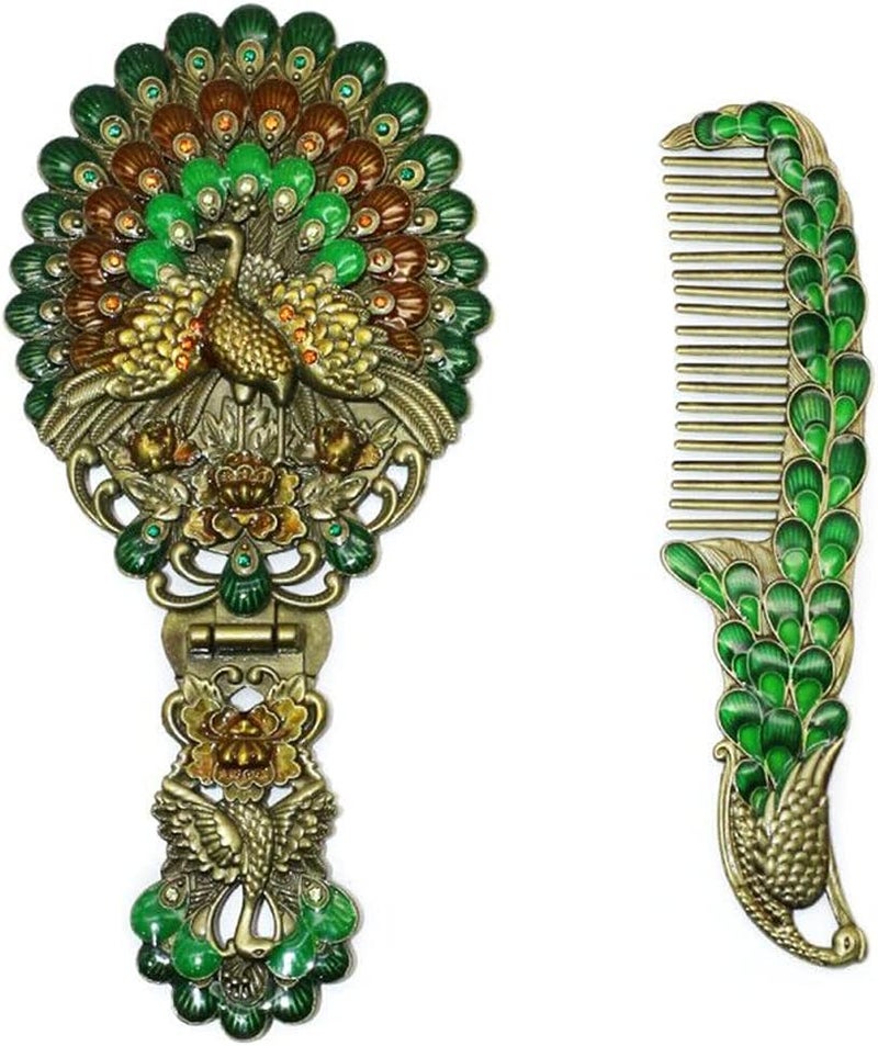 comfrt Handheld Mirror Unique Comb Set,Vintage Hand Mirror Foldable Retro Portable Green Peacock Makeup Mirror Metal Dresser Bronze Mirror Decorative Pocket Cosmetic Mirror Girl Gift Personality - Image 1