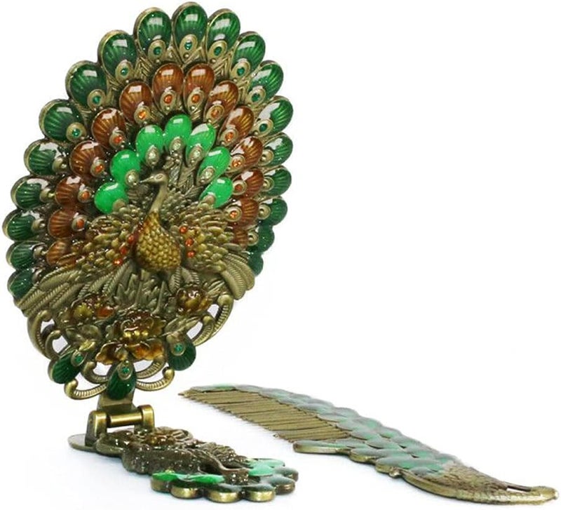 comfrt Handheld Mirror Unique Comb Set,Vintage Hand Mirror Foldable Retro Portable Green Peacock Makeup Mirror Metal Dresser Bronze Mirror Decorative Pocket Cosmetic Mirror Girl Gift Personality - Image 2