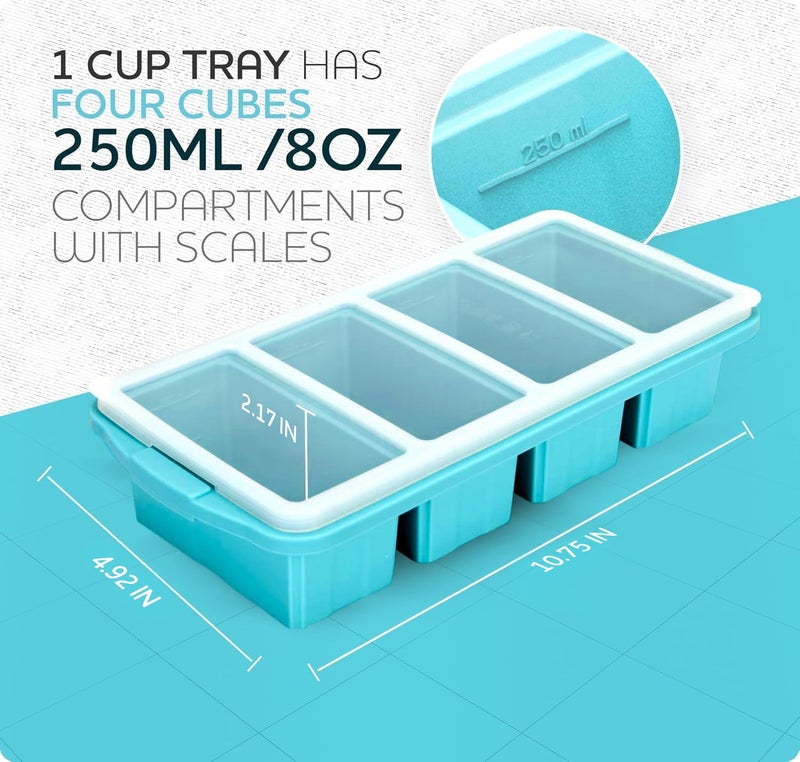 Xomoo Silicone Freezer Tray With Lid-Soup Freezer Container molds-Large Ice Cube Tray Set Makes 1-Cup & 1/2-Cup portions cubes Perfect for preparing meals in different portion sizes Oven & Dishwasher -Safe - Image 5