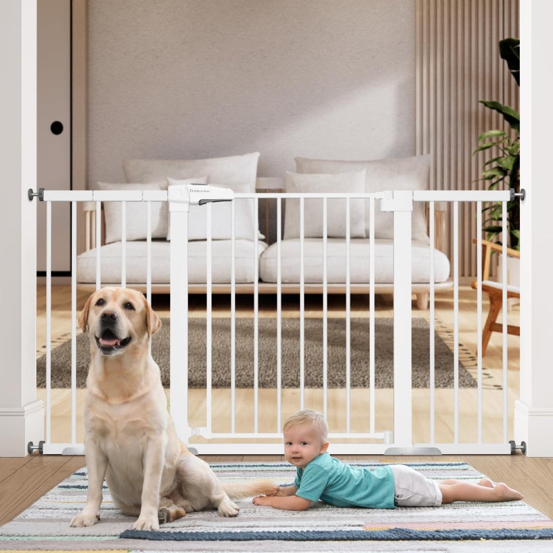 BABELIO 2955 Inch Extra Wide BabyDog Gate Metal Auto Close Pressure Mounted Pet Door for Doorways NO Need Tools and Drilling with Wall Cups White