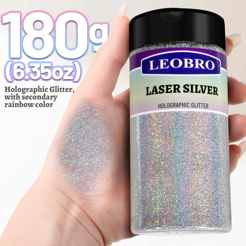 LEOBRO Silver Glitter, 180g/6.35oz Holographic Silver Fine Glitter for Resin, Crafts, Tumblers, Nail Body, DIY Party Decorations - Image 2
