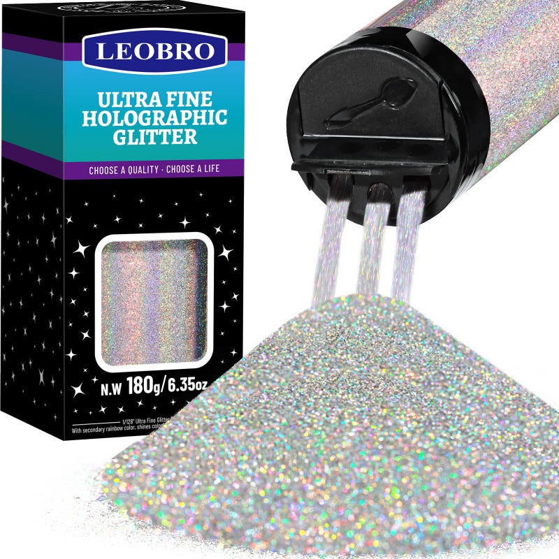 LEOBRO Silver Glitter, 180g/6.35oz Holographic Silver Fine Glitter for Resin, Crafts, Tumblers, Nail Body, DIY Party Decorations - Image 1