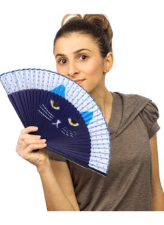 Y&D Folding Fan, Handheld Fans, Cat Cartoon Kung Fu Fan Elegant Chinese Japanese Style for Women Men, Silk Fans with Bamboo Frames Dancing Cosplay Wedding Party Props Decoration (Blue)  - Image 3