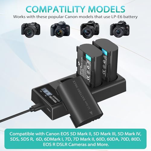 LP LP-E6 LPE6N Battery Charger Pack, 3-Pack Battery+Triple Slot Charger Compatible with Canon EOS R6 R5 R 90D 80D 70D 60D 60DA 6D 6D Mark II 5D Mark II/III/IV 5DS 5DS R 7D 7D Mark II XC15 XC10 4K/6K - Image 2